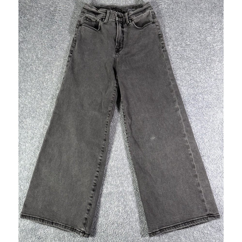 Good American Good Waist Palazzo Crop Wide Leg Jeans Womens 2/26 Black 329 Denim